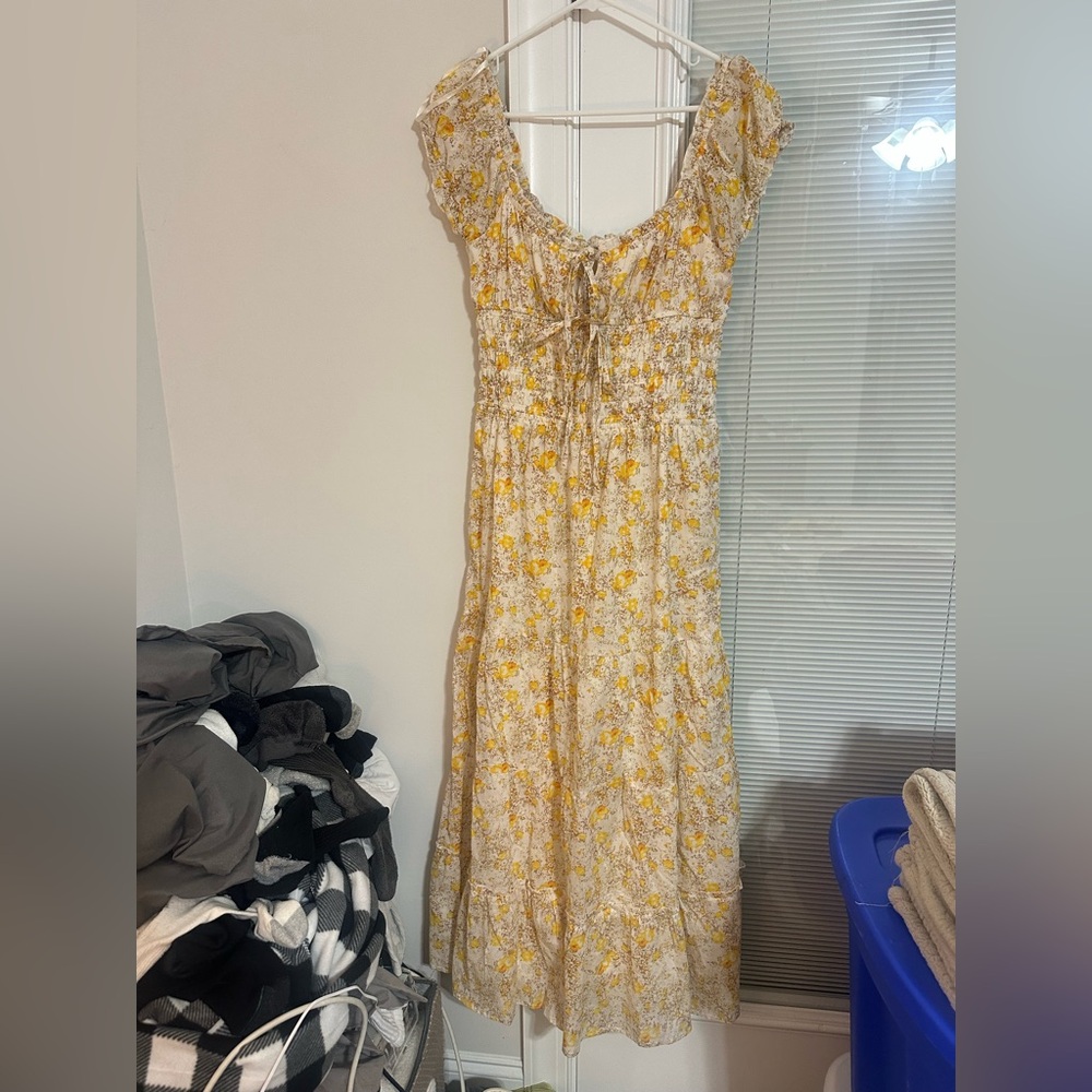 Yellow Floral Maxi Dress with Smocked Bodice and Tie Front